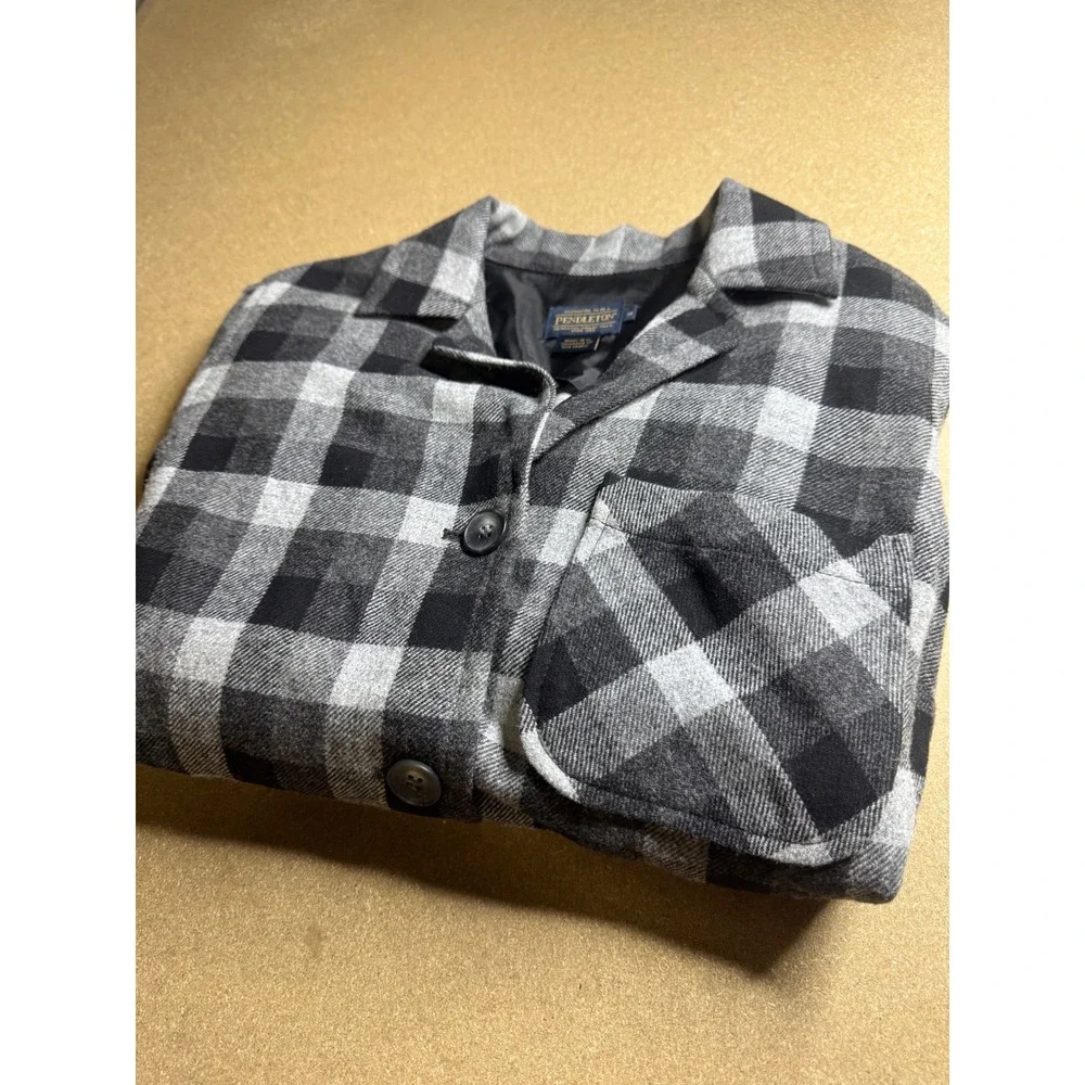 Pendleton Mens Wool Buffalo Plaid Shirt Jacket Grey Black White Size M USA Fabri